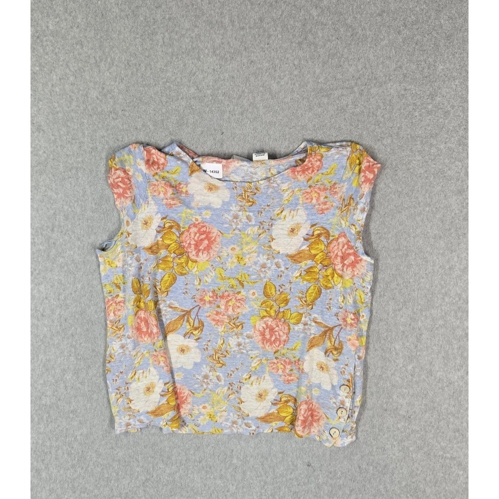 Joie Women Blouse M Blue Linen Floral Button Scoop Neck Lightweight Coastal